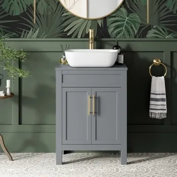 Bermuda Dove Grey Vanity with Curved Counter Top Basin 600mm - Brass Knurled Handles