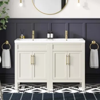 Bermuda Chalk White Double Basin Vanity 1200mm - Brass Knurled Handles