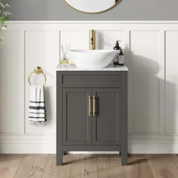 Bermuda Graphite Grey Vanity with Marble Top & Oval Counter Top Basin 600mm - Brass Knurled Handles