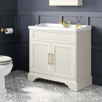 Lucia Chalk White Basin Vanity 830mm - Brass Knurled Handles