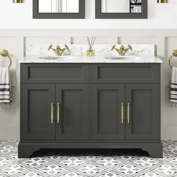 Lucia Graphite Grey Double Vanity with Marble Top & Undermount Basins 1200mm - Brass Knurled Handles