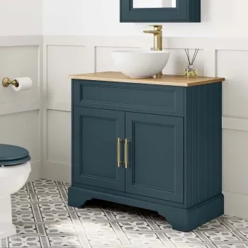 Lucia Inky Blue Vanity with Oak Effect Top & Round Counter Top Basin 840mm - Brass Knurled Handles