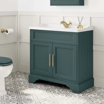 Lucia Midnight Green Basin Vanity 830mm - Brass Knurled Handles