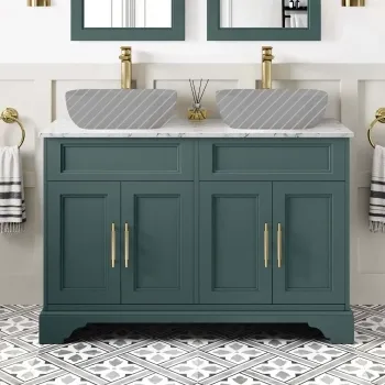 Lucia Midnight Green Cabinet with Marble Top 1200mm (Excludes Counter Top Basins) - Brass Knurled Handles