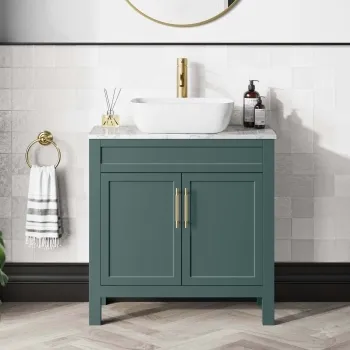 Bermuda Midnight Green Vanity with Marble Top & Curved Counter Top Basin 800mm - Brass Knurled Handles