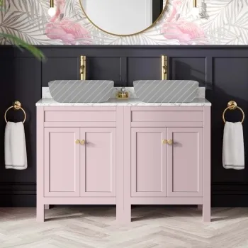 Bermuda Cashmere Pink Cabinet with Marble Top 1200mm (Excludes Counter Top Basin) - Brushed Brass Accents