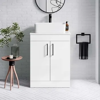 Mersey Gloss White Vanity with Troy Basin 600mm - Black Accents