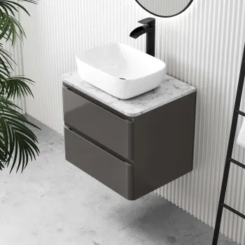 Corsica Tungsten Grey Wall Hung Drawer Vanity with Marble Top & Curved Counter Top Basin 600mm