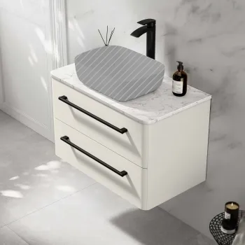 Omaha Linen White Wall Hung Drawer Vanity with Marble Top 800mm (Excludes Counter Top Basin) - Black Accents