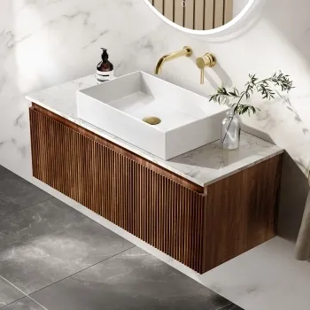 Malta Fluted Black Walnut Wall Hung Drawer Vanity with Marble Top & Cody Basin 1000mm