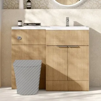 Havana Fluted Country Oak Basin Vanity and Back To Wall Toilet Unit 1100mm (Excludes Toilet) - Chrome Handles - Right Handed