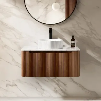 Sorrento Fluted Black Walnut Wall Hung Drawer Vanity with Marble Top & Nevis Basin 800mm