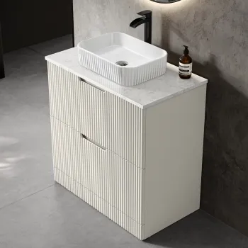 Crete Fluted Linen White Vanity Drawer with Marble Top & Reno Basin 800mm