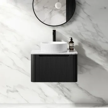 Sorrento Fluted Matt Black Wall Hung Drawer Vanity with Marble Top & Nevis Basin 600mm