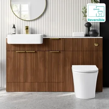 Sicily Fluted Black Walnut Combination Vanity Basin with Marble Top & Tucson Toilet 1500mm - Brushed Brass Accents