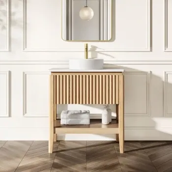 Maru Oak Wood Grain Vanity Cabinet 800mm with Matt White Stone Top - Basin Not Included