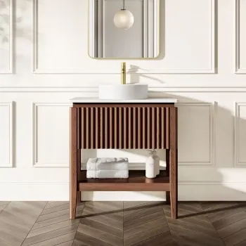 Maru Walnut Wood Grain Vanity Cabinet 800mm with Matt White Stone Top - Basin Not Included