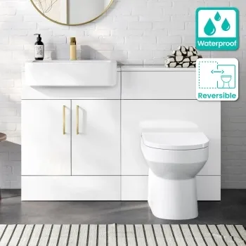 100% Waterproof - Harper Gloss White PVC Combination Vanity Basin and Miami Toilet 1200mm - Brushed Brass Accents