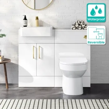 100% Waterproof - Harper Gloss White PVC Combination Vanity Basin & Miami Toilet 1000mm - Brushed Brass Accents
