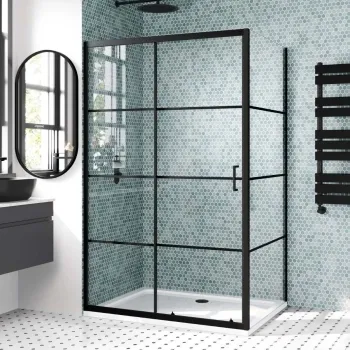 London Matt Black Grid 6mm Sliding Shower Enclosure 1200x900mm