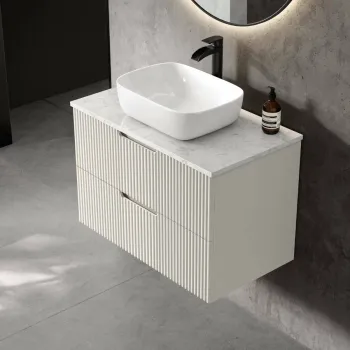 Crete Fluted Linen White Wall Hung Drawer Vanity with Marble Top & Curved Basin 800mm
