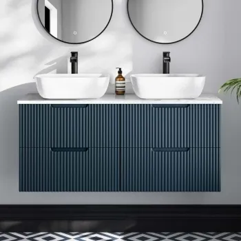 Crete Fluted Navy Blue Double Wall Hung Drawer Vanity with Marble Top & Curved Basin 1200mm