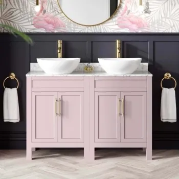 Bermuda Cashmere Pink Vanity with Marble Top & Oval Counter Top Basin 1200mm - Brass Knurled Handles