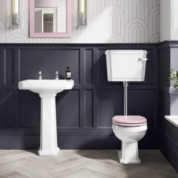 Hudson Traditional Low-Level Toilet With Cashmere Pink Seat & Pedestal Basin - Double Tap Hole