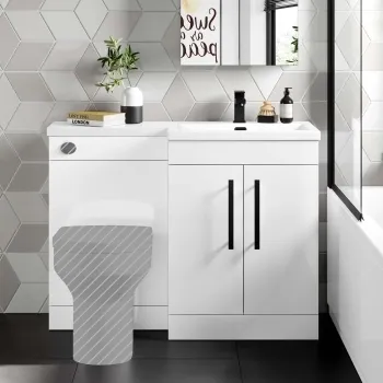 Avon Gloss White Basin Vanity and Back To Wall Unit 1100mm - Black Accents - Right Handed