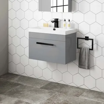 Avon Stone Grey Wall Hung Basin Drawer Vanity 600mm - Black Accents