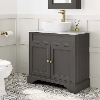 Lucia Graphite Grey Vanity with Marble Top & Curved Counter Top Basin 840mm - Brushed Brass Accents