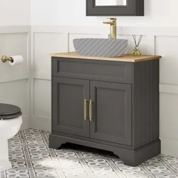 Lucia Graphite Grey Cabinet with Oak Effect Top 840mm (Excludes Counter Top Basin) - Brass Knurled Handles