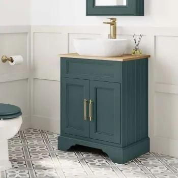 Lucia Midnight Green Vanity with Oak Effect Top & Curved Counter Top Basin 640mm - Brass Knurled Handles