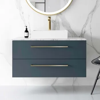 Elba Inky Blue Wall Hung Drawer Vanity with Marble Top & Cody Basin 1000mm - Brushed Brass Accents