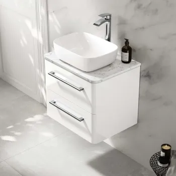 Omaha Gloss White Wall Hung Drawer Vanity with Marble Top & Curved Counter Top Basin 600mm