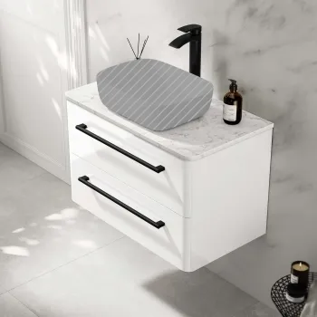 Omaha Gloss White Wall Hung Drawer Vanity with Marble Top 800mm (Excludes Counter Top Basin) - Black Accents