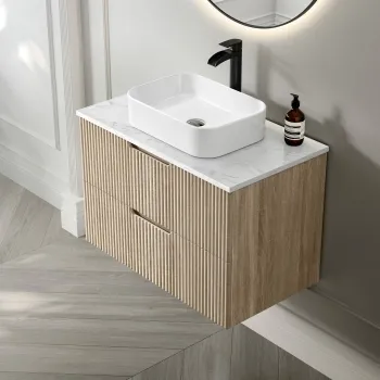 Crete Fluted Apex Oak Wall Hung Drawer Vanity with Marble Top & Marin Basin 800mm
