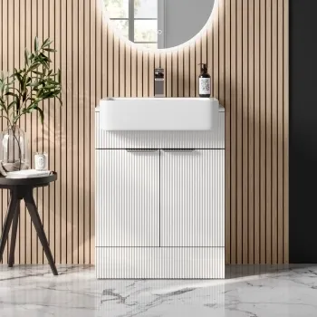 Sicily Fluted Coastal White Vanity with Semi Recessed Basin 600mm - Chrome Handles