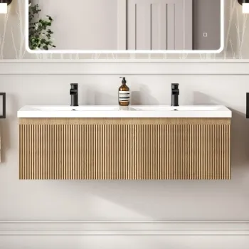 Malta Fluted Country Oak Wall Hung Double Basin Drawer Vanity 1200mm
