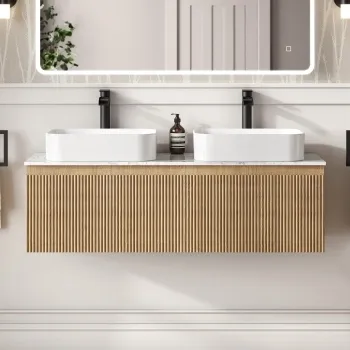 Malta Fluted Country Oak Double Wall Hung Drawer Vanity with Marble Top & Marin Basin 1200mm