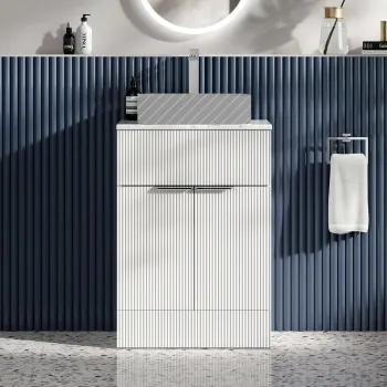 Havana Fluted Coastal White Cabinet with Marble Top 600mm (Excludes Counter Top Basin) - Chrome Handles