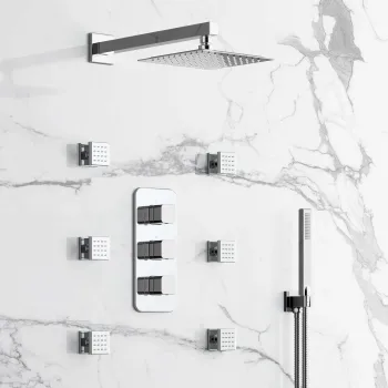 Galway Premium Chrome Square Thermostatic Set - 200mm Head, Hand Shower & Body Jets
