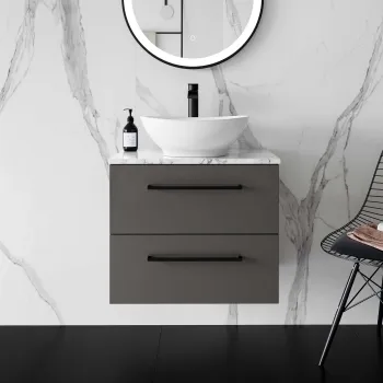 Elba Graphite Grey Wall Hung Drawer Vanity with Marble Top & Oval Counter Top Basin 600mm - Black Accents