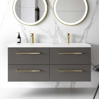Elba Graphite Grey Wall Hung Double Basin Drawer Vanity 1200mm - Brushed Brass Accents