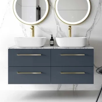 Elba Inky Blue Double Wall Hung Drawer Vanity with Marble Top & Curved Basin 1200mm - Brushed Brass Accents