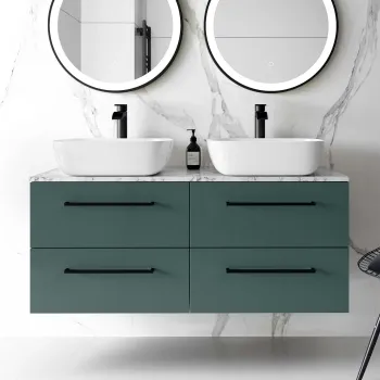 Elba Midnight Green Double Wall Hung Drawer Vanity with Marble Top & Curved Basin 1200mm - Black Accents