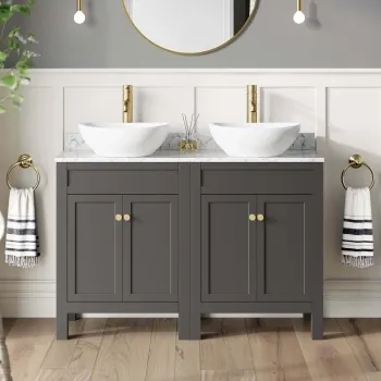Bermuda Graphite Grey Vanity with Marble Top & Oval Counter Top Basin 1200mm - Brushed Brass Accents