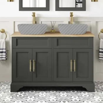 Lucia Graphite Grey Cabinet with Oak Effect Top 1200mm (Excludes Counter Top Basins) - Brass Knurled Handles