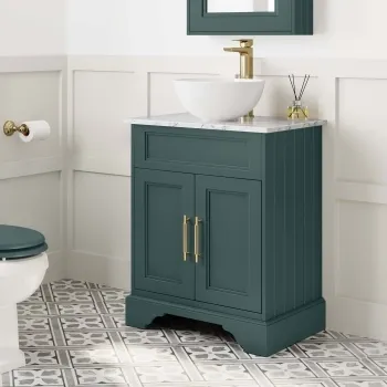 Lucia Midnight Green Vanity with Marble Top & Round Counter Top Basin 640mm - Brass Knurled Handles