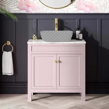 Bermuda Cashmere Pink Cabinet with Marble Top 800mm (Excludes Counter Top Basin) - Brushed Brass Accents